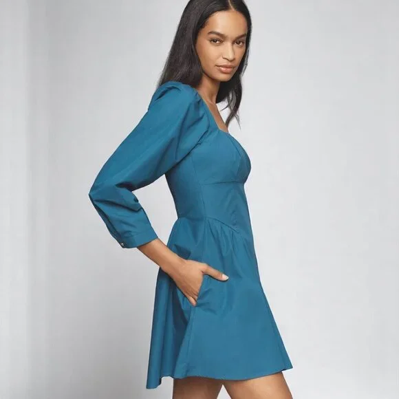 Anthropologie Square Neck Poplin Mini Dress Long Sleeve Teal NWT Size Small - Picture 2 of 15